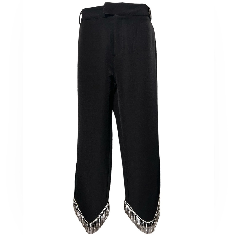 Gracia Rhinestone Fringed Detail Hemmed Cropped Trousers